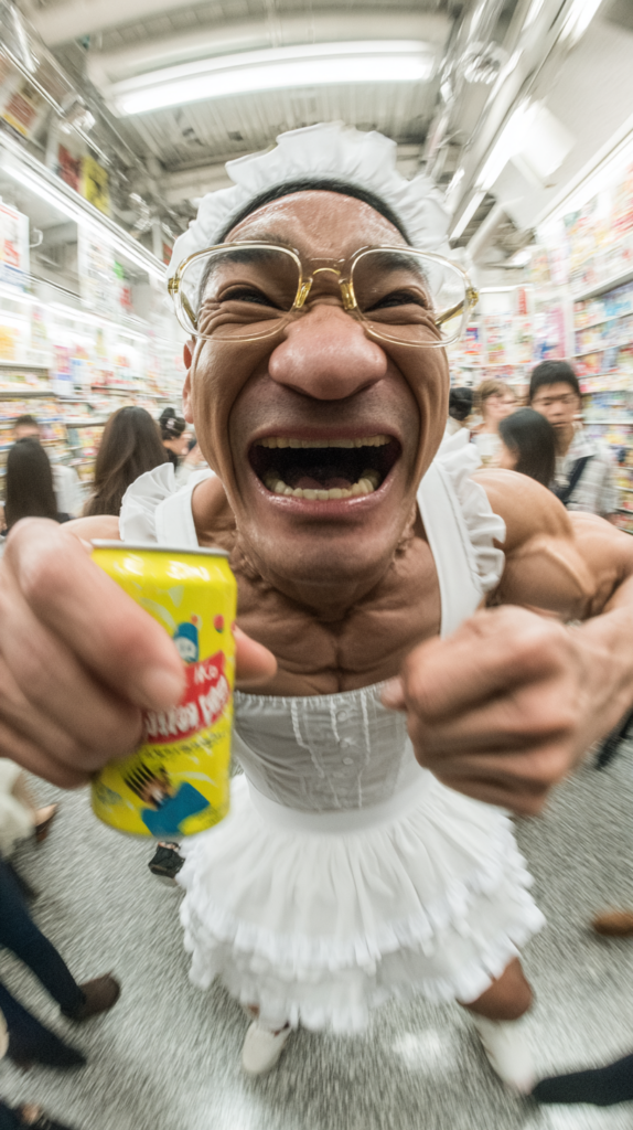 흰 메이드 복을 입고 있고 음료를 들고 있는 일본 우스꽝스런 아저씨