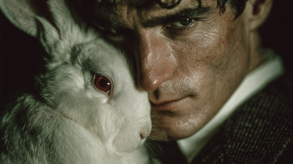 외국 모델같은 남자가 토끼를 들고 있는 미드저니에서 생성한 사진