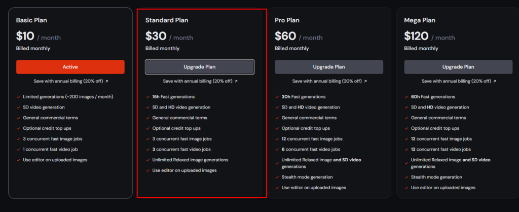 미드저니 플랜 비교 사진