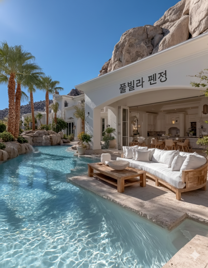 미드저니로 생성한 모던한 수영장이 있는 풀빌라에 한글로 글씨가 써져있는 사진