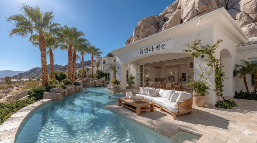 미드저니로 생성한 모던한 수영장이 있는 풀빌라에 한글로 '풀빌라 펜션'이라고 글씨가 써져있는 사진